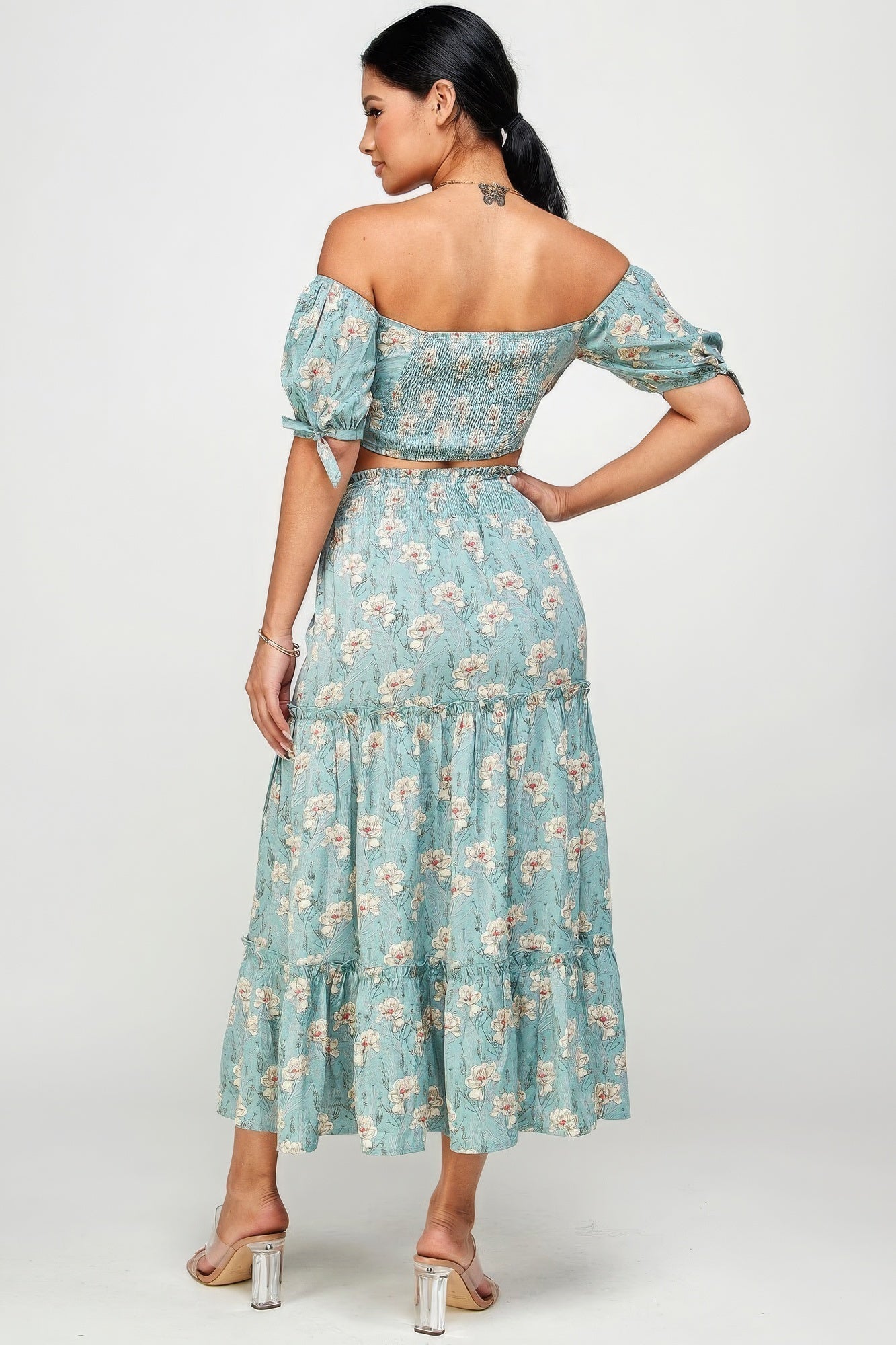 Mint floral off-shoulder top and skirt set with back tie, perfect for comfortable all-day wear.