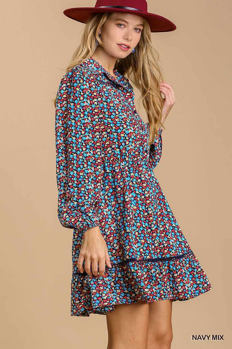 Floral Print Dress-Navy