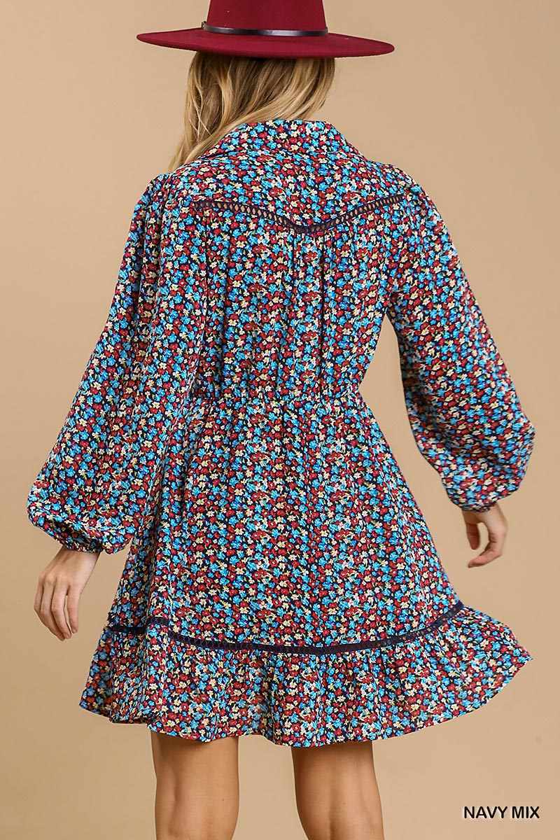 Floral Print Dress-Navy