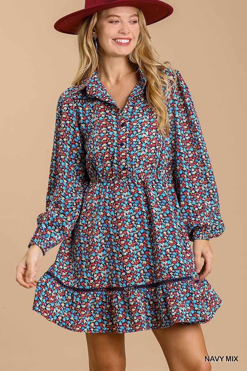 Floral Print Dress-Navy