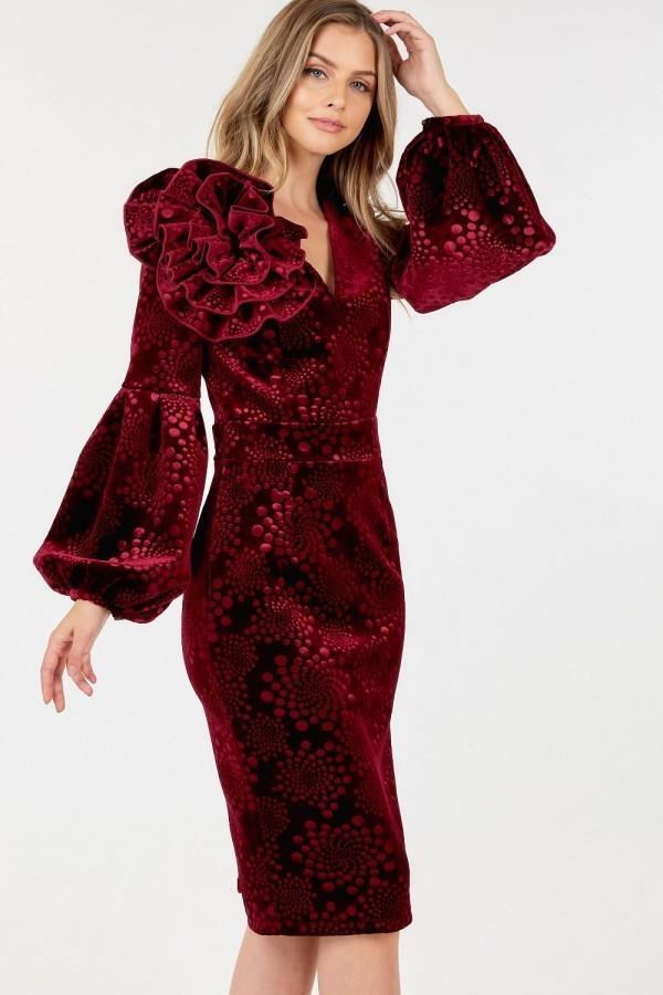 Flower Patch Velvet Fitted Midi Dress-Wine