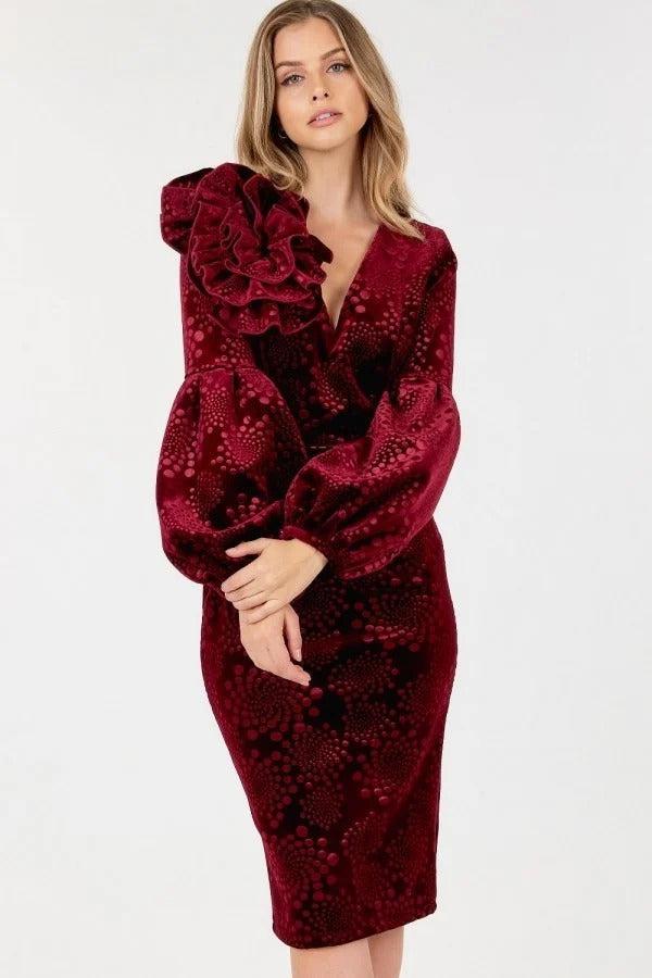 Flower Patch Velvet Fitted Midi Dress-Wine