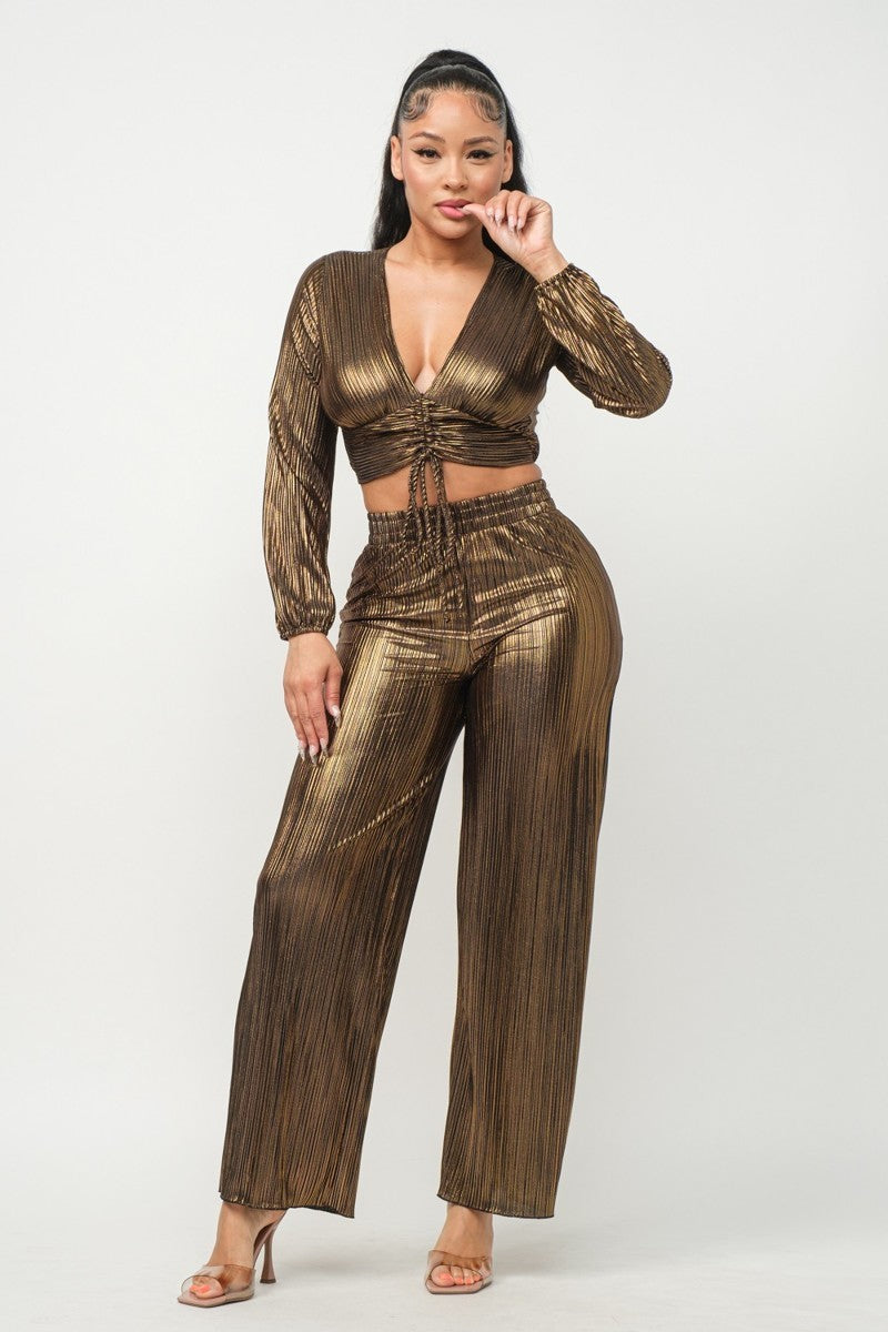 Foil Black/Gold Shirring Top And Pants Outfit Set