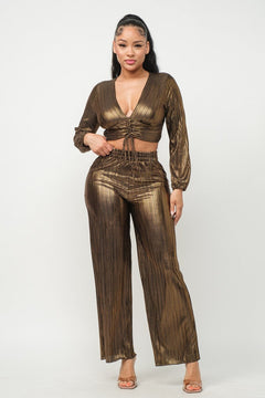 Foil Black/Gold Shirring Top And Pants Outfit Set
