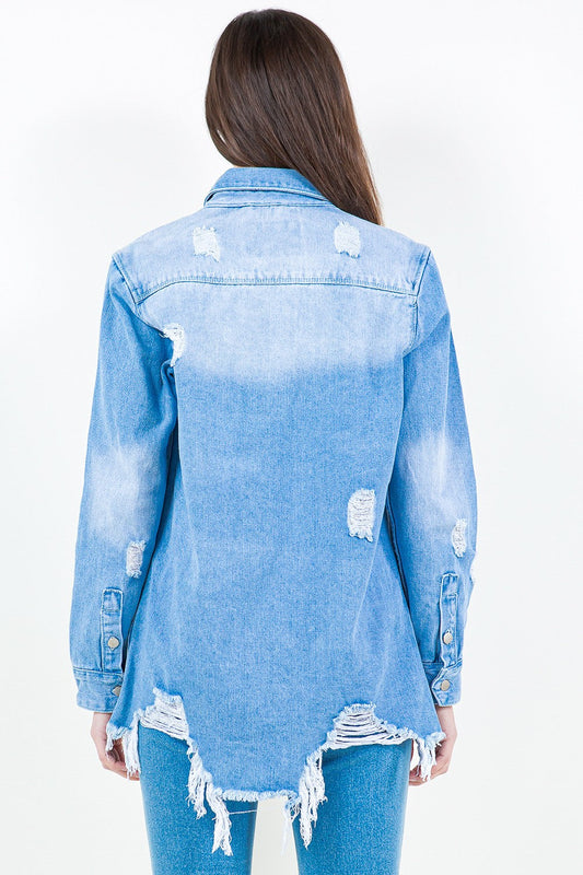 Frayed Hem Distressed Denim Shirt Jacket with Washed Look and Edgy Vibe