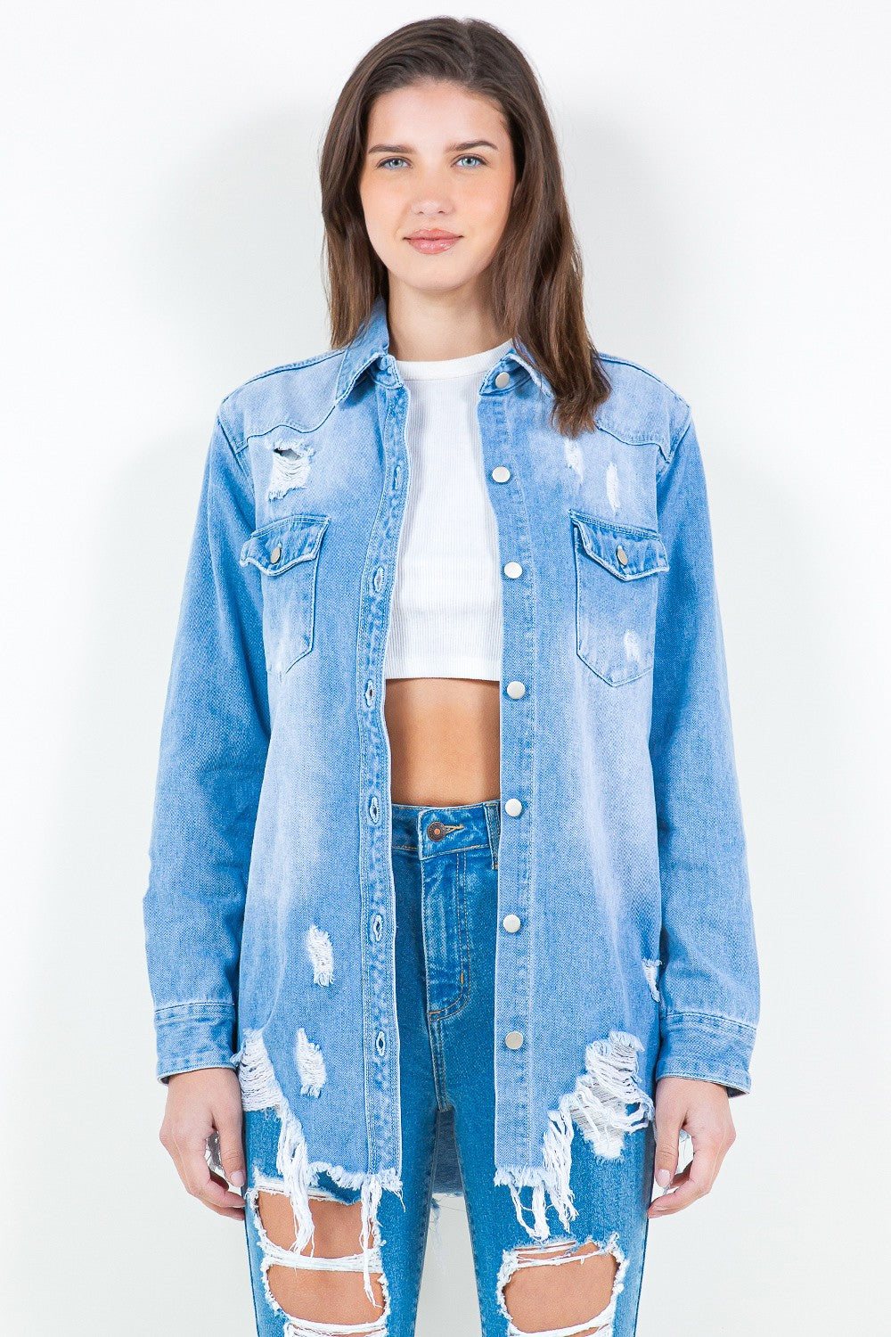 Frayed Hem Distressed Denim Shirt Jacket on model, featuring trendy washed look and relaxed fit. Perfect for layering casual outfits.