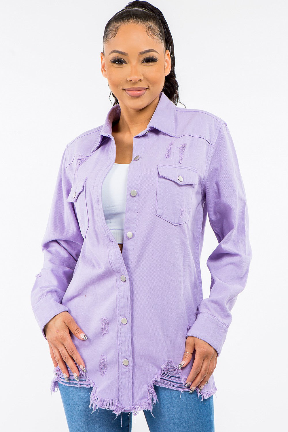 Purple frayed hem distressed denim jacket with raw edges and button-up design for a trendy, casual look.