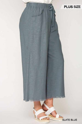 Frayed Wide Leg Pants With Pockets-Slate Blue
