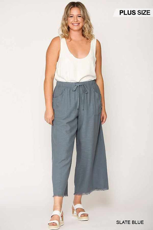 Frayed Wide Leg Pants With Pockets-Slate Blue