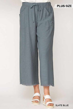 Frayed Wide Leg Pants With Pockets-Slate Blue