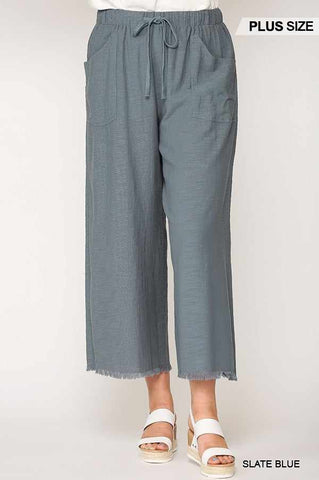 Frayed Wide Leg Pants With Pockets-Slate Blue