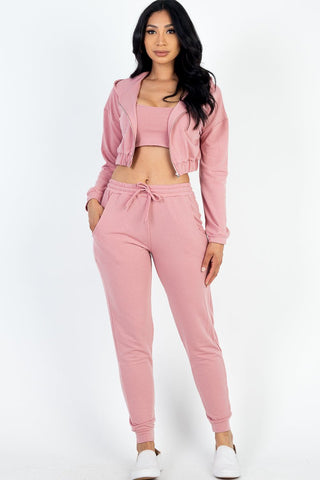 French Terry Cropped Cami Zip-Up Jacket & Joggers Set