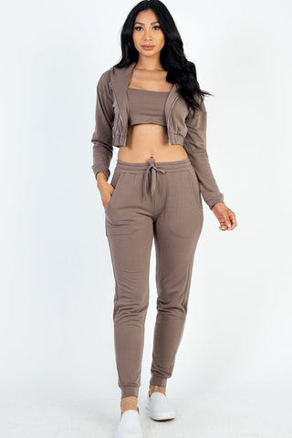 French Terry Cropped Cami Zip-Up Jacket & Joggers Set