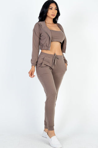 French Terry Cropped Cami Zip-Up Jacket & Joggers Set