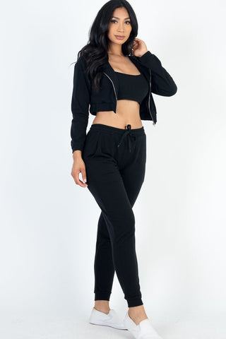 French Terry Cropped Cami Zip-Up Jacket & Joggers Set