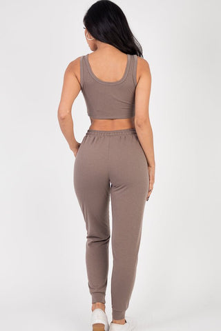 French Terry Cropped Tank Top & Joggers Loungewear Set