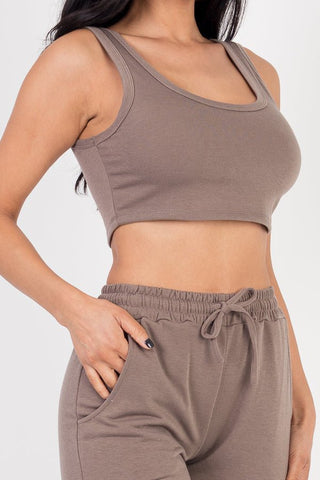 French Terry Cropped Tank Top & Joggers Loungewear Set