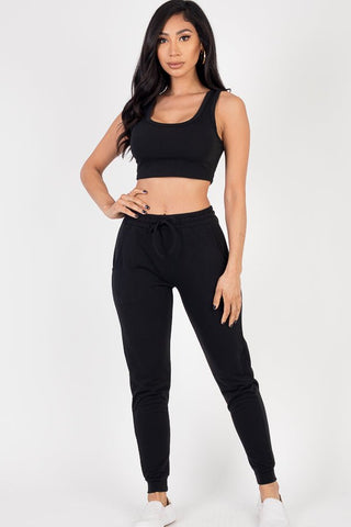 French Terry Cropped Tank Top & Joggers Loungewear Set