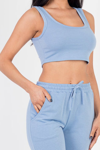 French Terry Cropped Tank Top & Joggers Loungewear Set