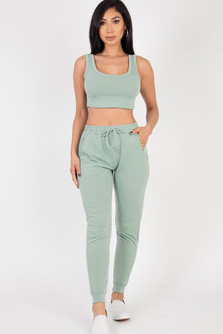 French Terry Cropped Tank Top & Joggers Loungewear Set
