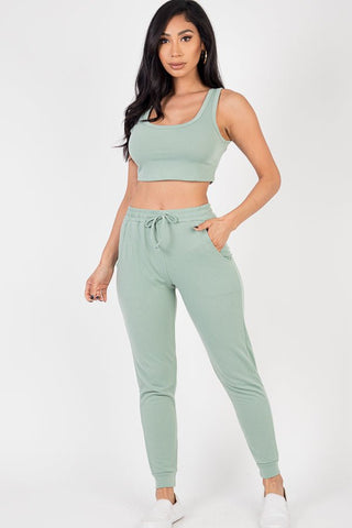 French Terry Cropped Tank Top & Joggers Loungewear Set