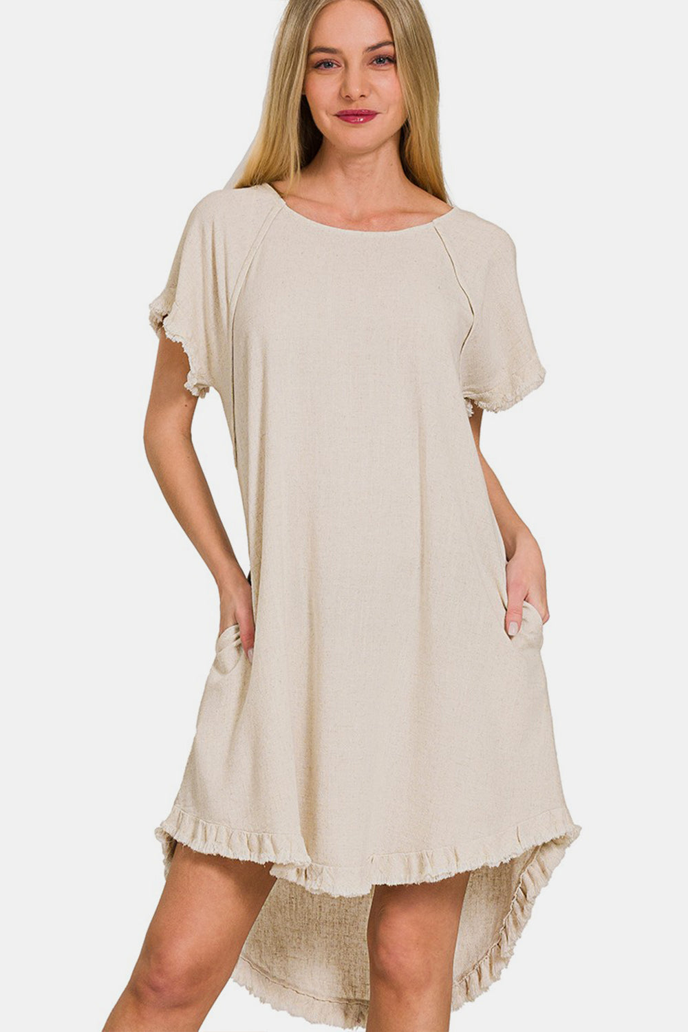 Beige fringe edge high-low dress with pockets, featuring a comfortable, flowy design made from 87% rayon and 13% linen.