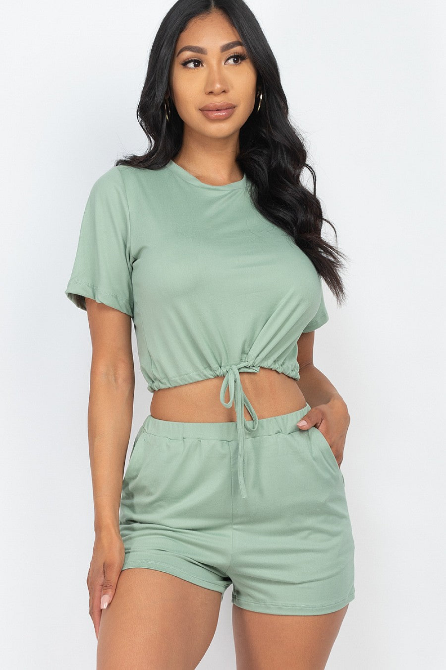 Green front tied crop top and shorts set for women in soft, stretchy Jersey fabric, ideal for casual summer wear.