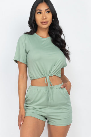 Green front tied crop top and shorts set for women in soft, stretchy Jersey fabric, ideal for casual summer wear.
