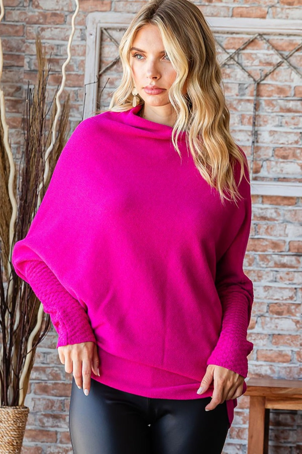 Fuchsia Asymmetrical Hem Dolman Sleeve Sweater | Chic Style