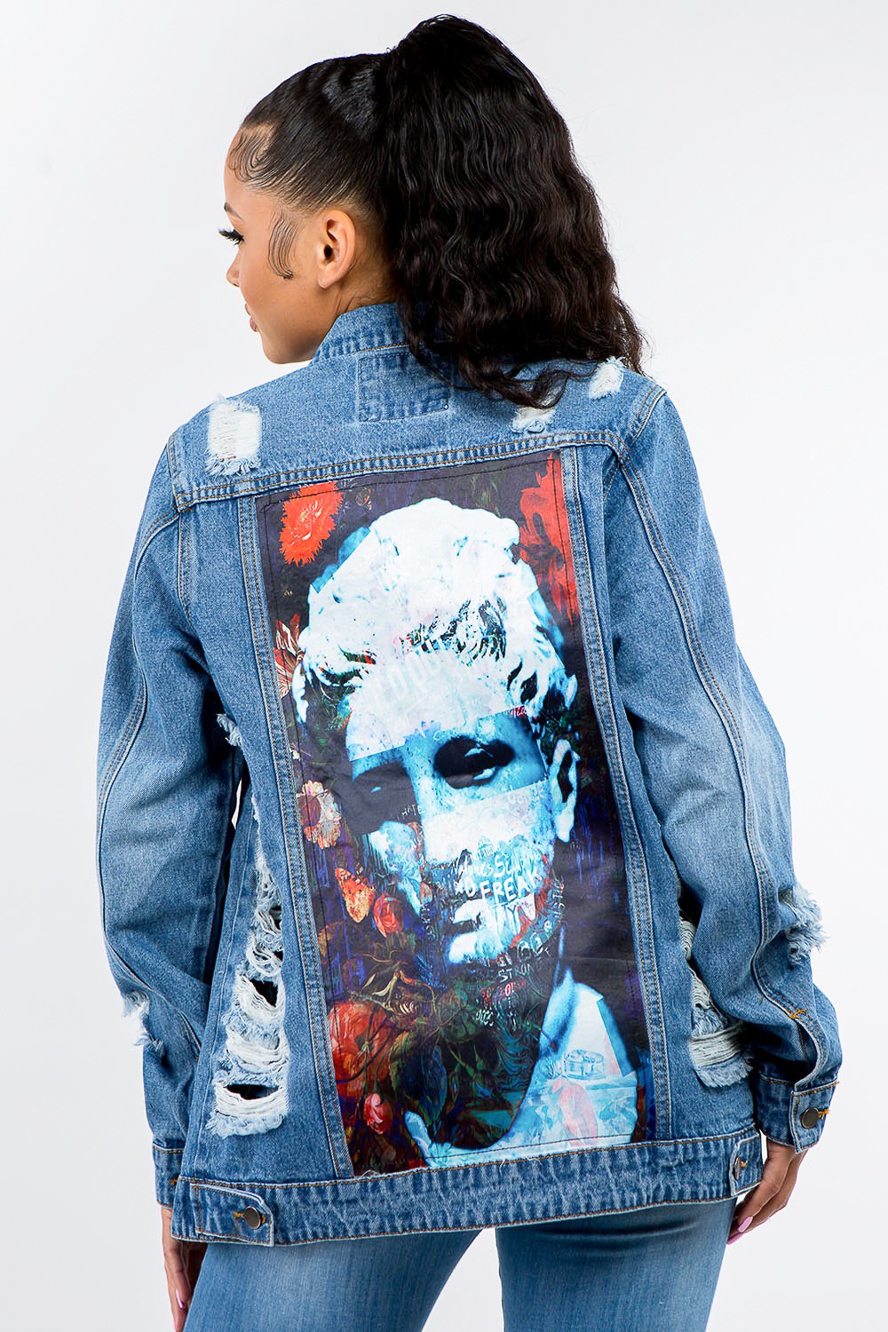 Full Size Button Up Distressed Denim Jacket