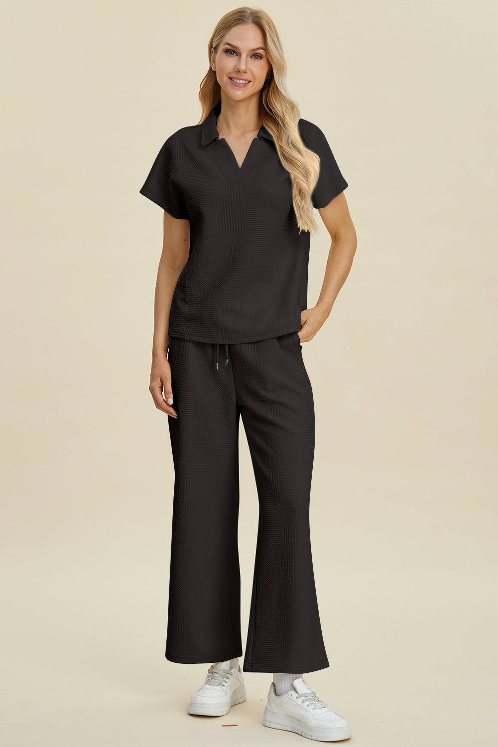 Full Size Collared Neck Short Sleeve Top and Pants Set