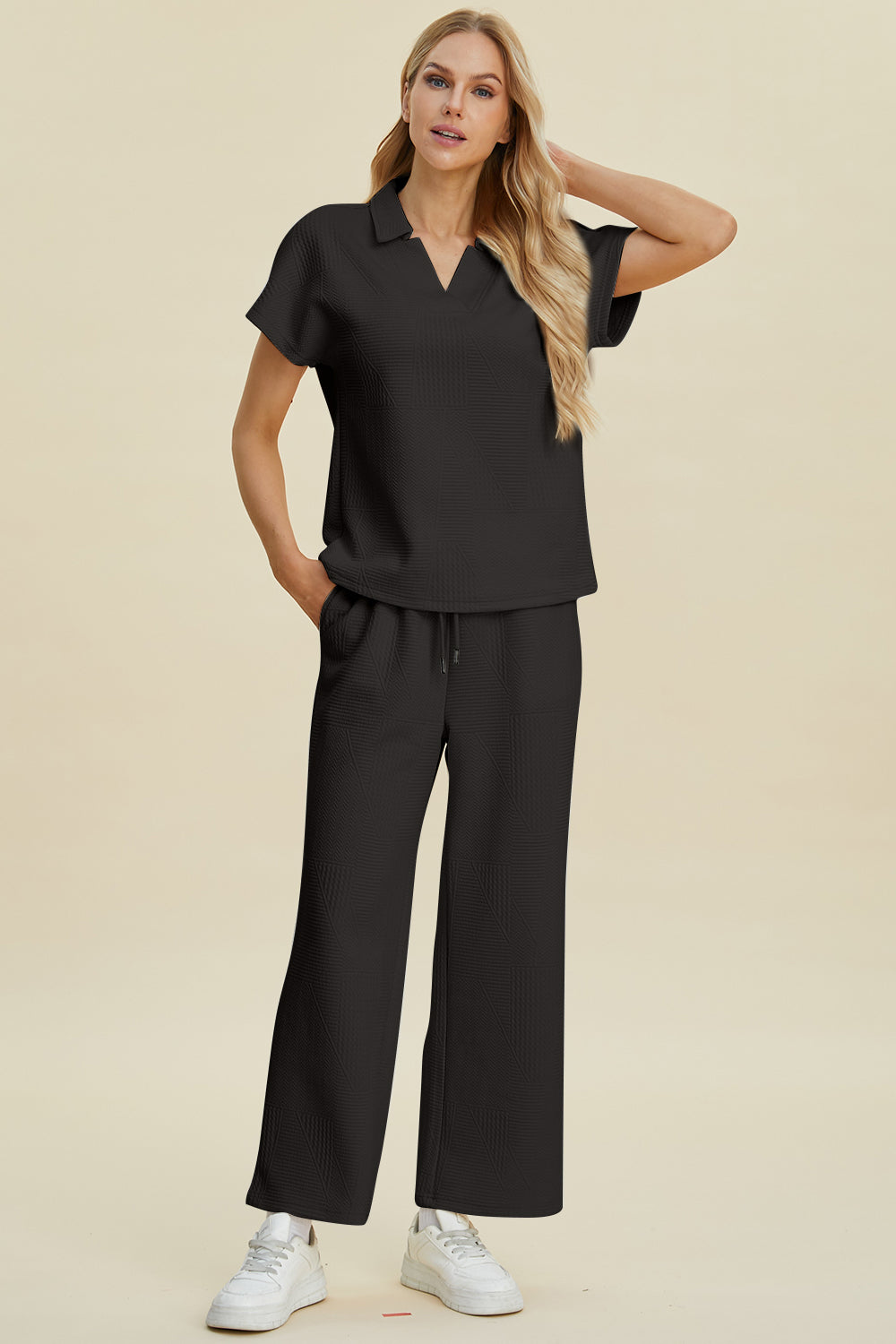 Full Size Collared Neck Short Sleeve Top and Pants Set