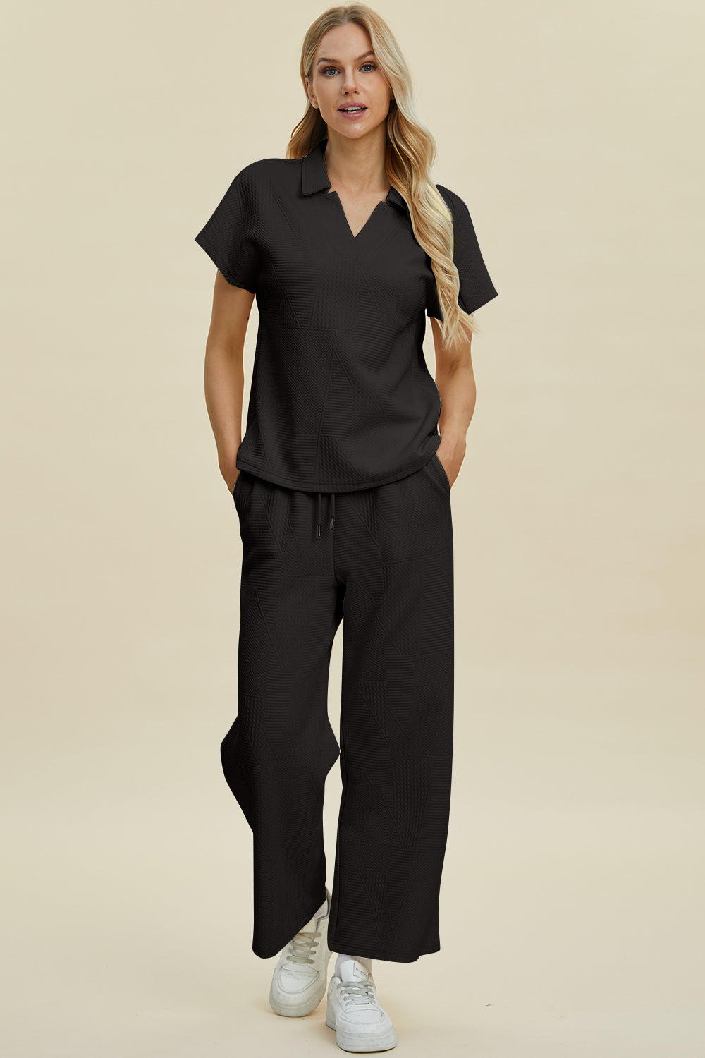 Full Size Collared Neck Short Sleeve Top and Pants Set