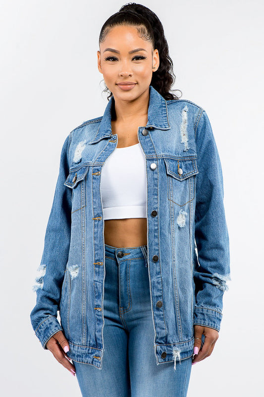 Full size distressed denim jacket for an edgy, cool look. Durable, non-stretch fabric perfect for versatile styling options.