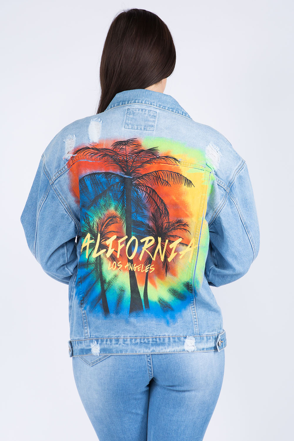 Full Size Painted Back Distressed Denim Jacket