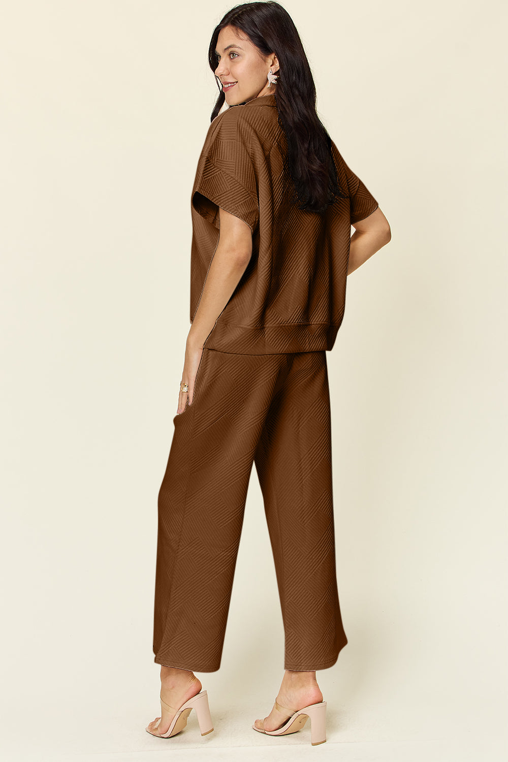 Full Size Texture Half Zip Short Sleeve Top and Pants Set