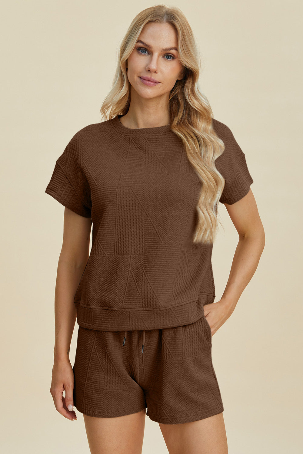 Full Size Texture Short Sleeve Top and Shorts Set