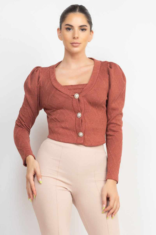 Geometric Cami Puff Sleeves Blazer Top Set-Smokey Mauve