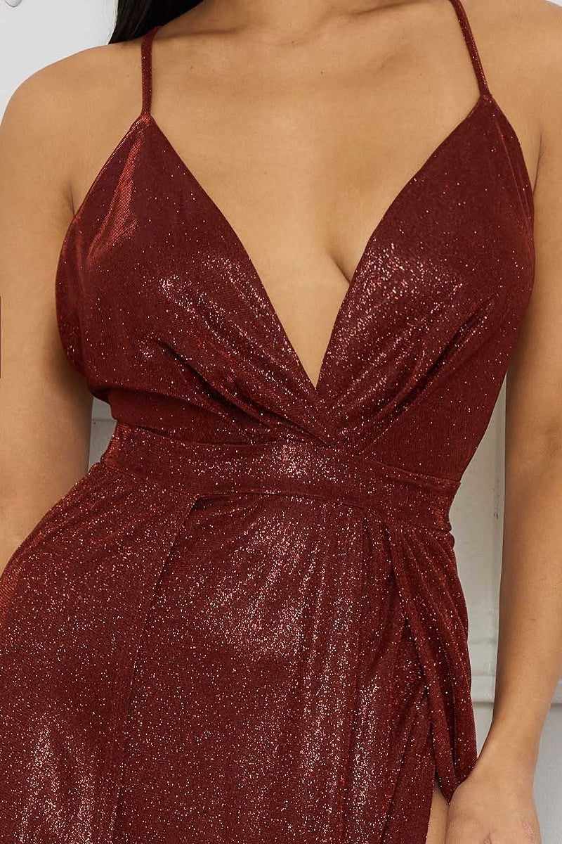 Glitter Fabric Sweetheart Surplice Maxi Dress-Burgundy