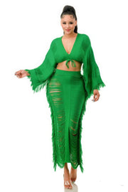 Green Distressed Long Skirt Set