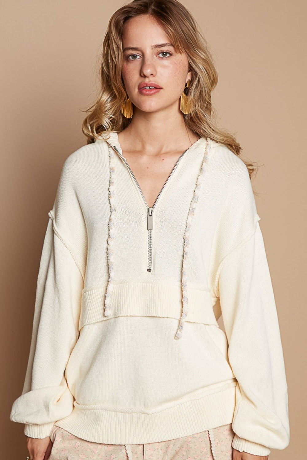 Half Zip Drop Shoulder Hooded Sweater