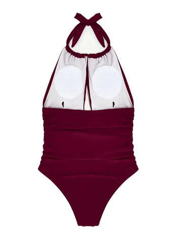 Halter Neck Ruched One-Piece Swimsuit with Keyhole Front