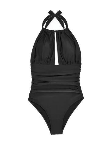 Halter Neck Ruched One-Piece Swimsuit with Keyhole Front