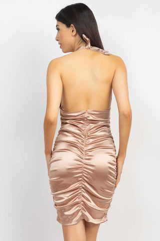 Halter Satin Ruching Dress-Mocha
