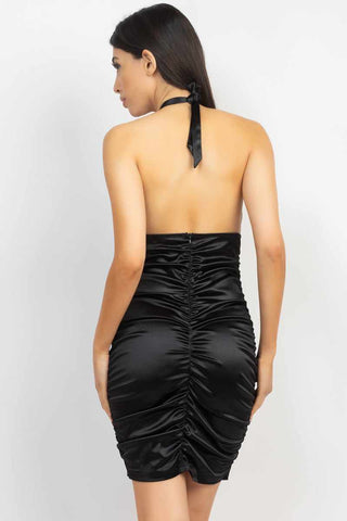 Halter Satin Ruching Dress-Black
