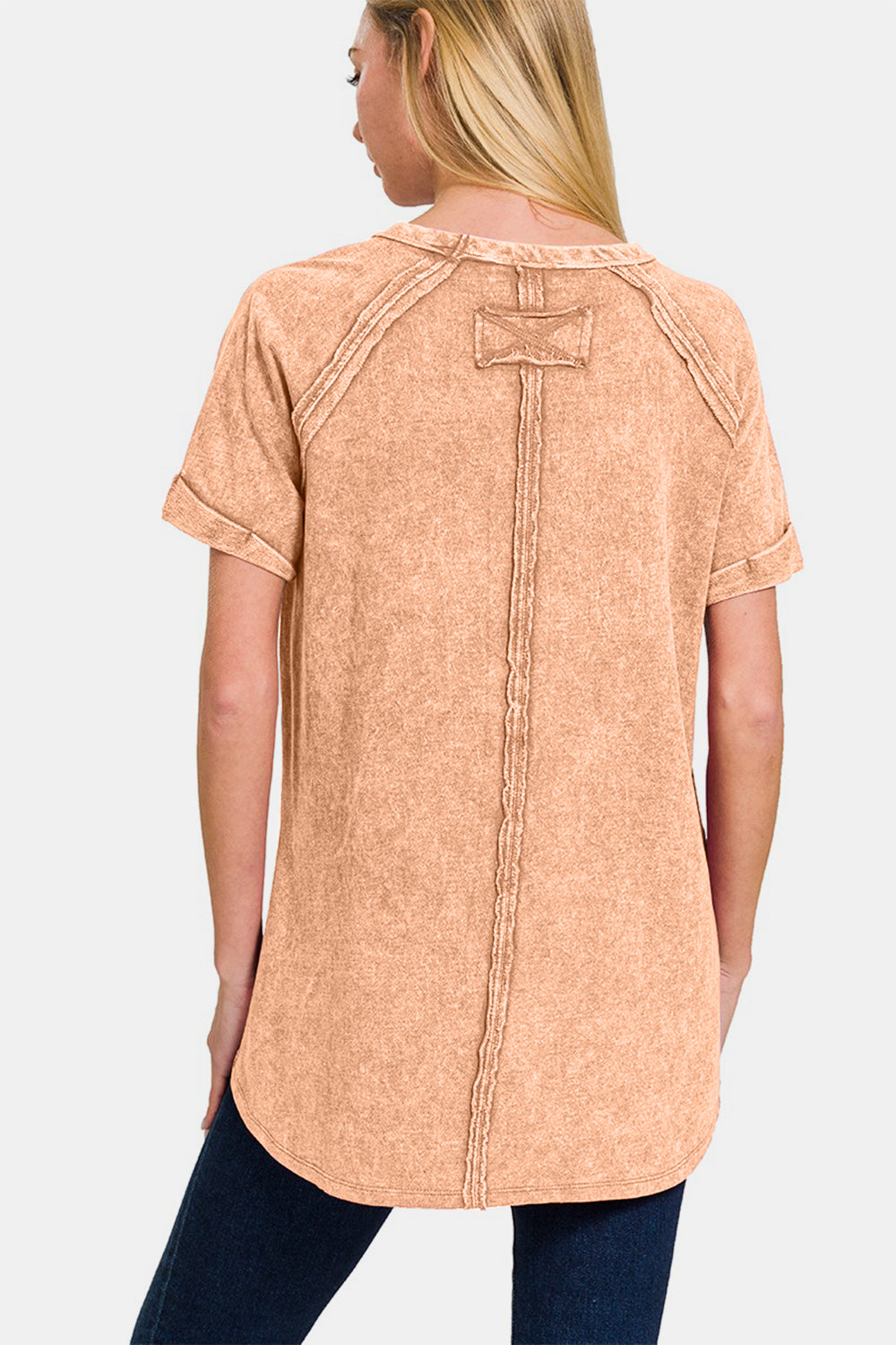 Heathered round neck short sleeve top in light brown, featuring basic style and moderate stretch, made of 100% cotton.