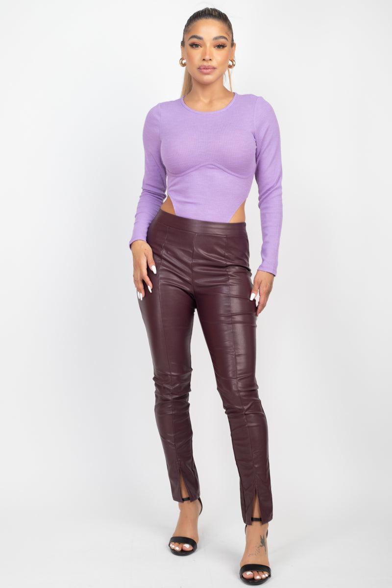 Lavender high leg underwire bodysuit with long sleeves, paired with burgundy leather pants and black heels.