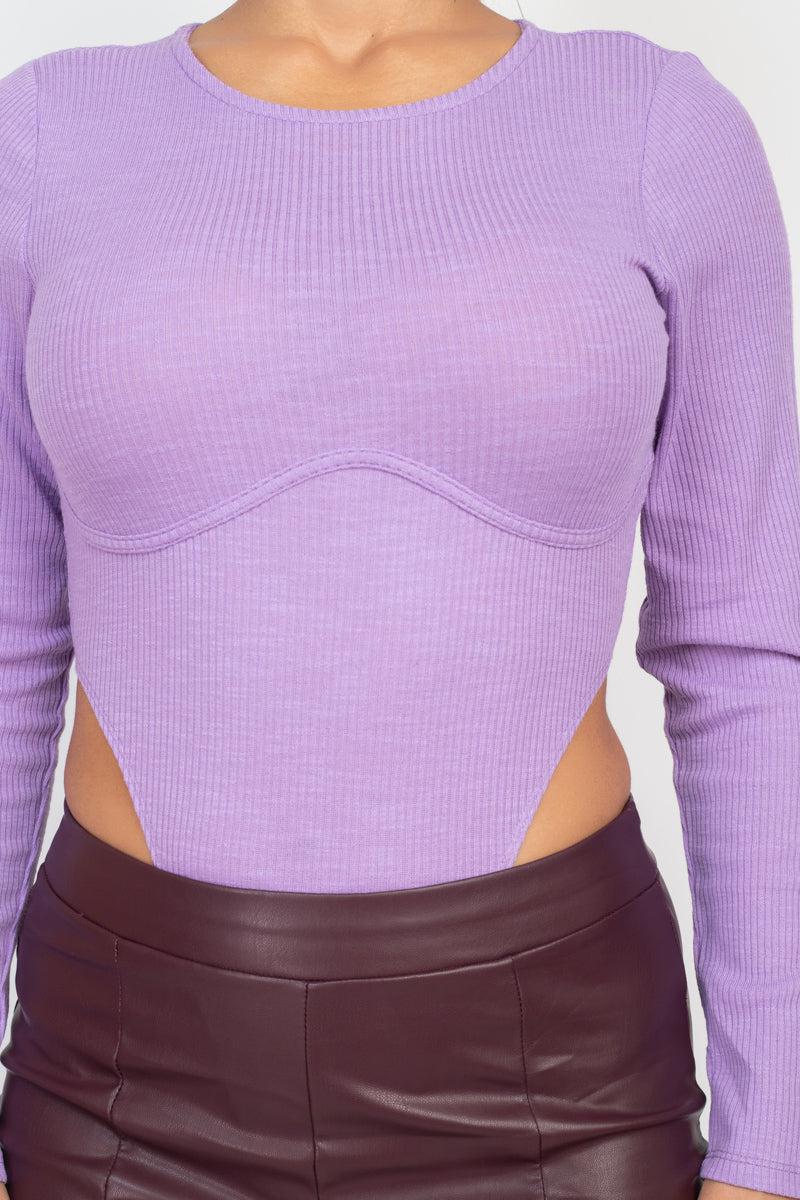 Lavender ribbed knit bodysuit with high-leg cut, underwire support, round neckline, and long sleeves.