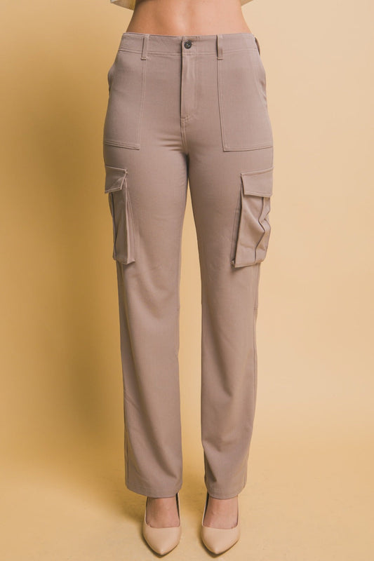 Love Tree high rise cargo pants with practical pockets, flattering silhouette, relaxed fit, and utilitarian style for all-day comfort.