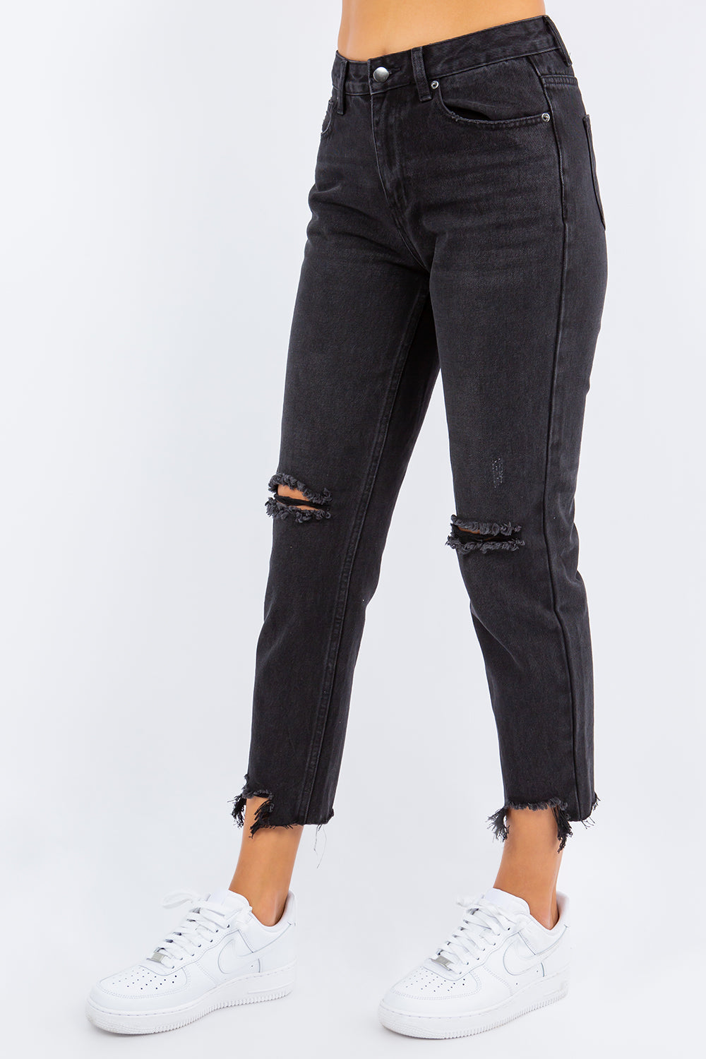 High Waist Distressed Cropped Straight Jeans in black with ripped knees and frayed hems, paired with white sneakers for a casual look.